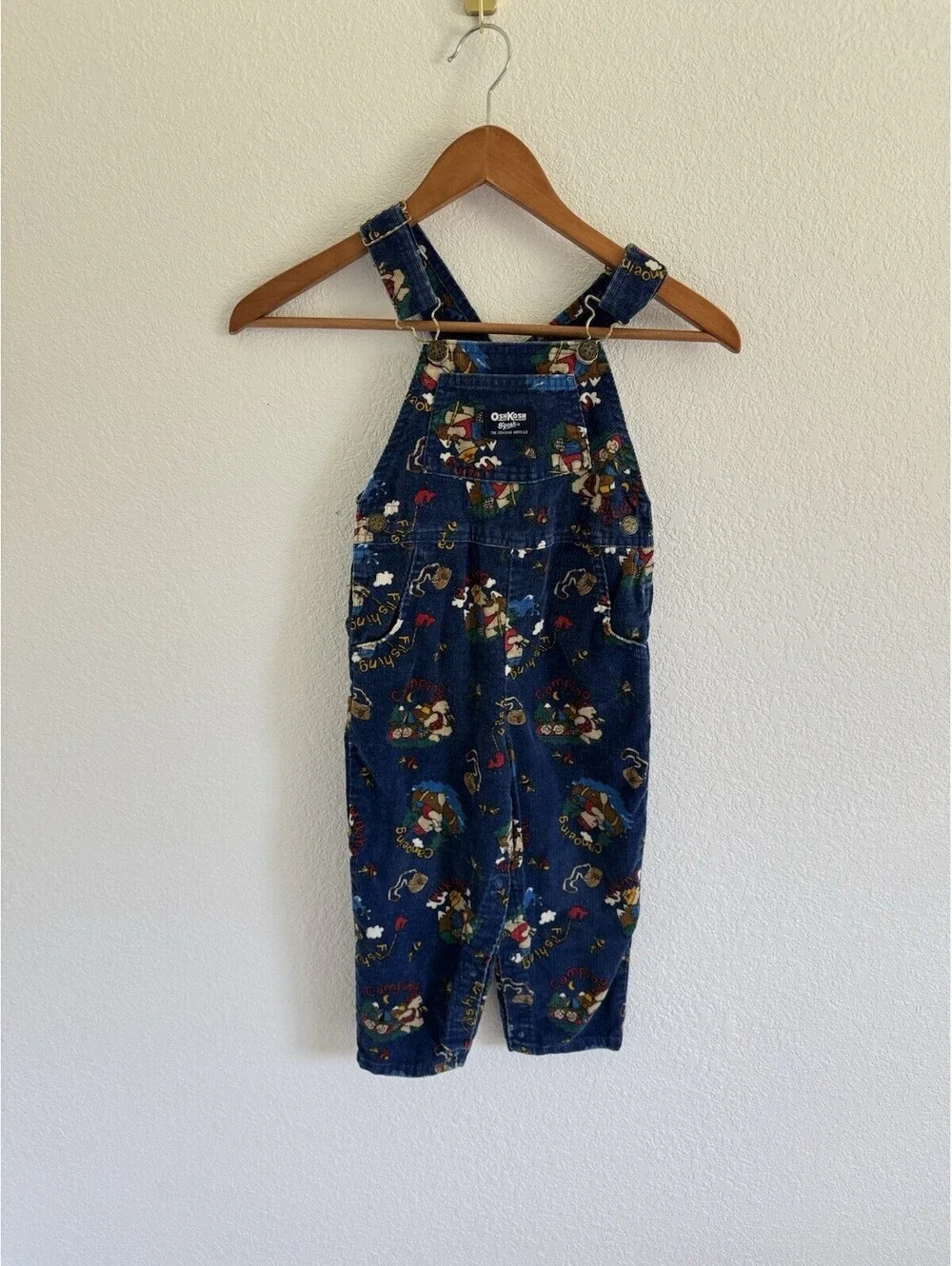 OshKosh B'gosh Vintage Corduroy‎ Overalls Kids 4T Blue Camping Fishing Bear USA